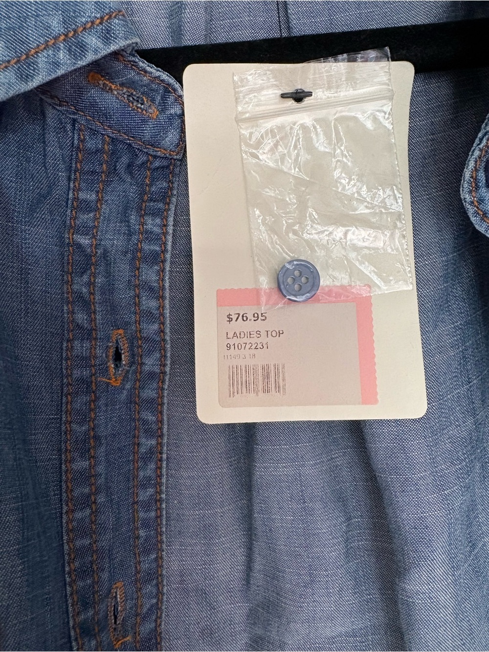 Light Blue Denim Button-Down Shirt with Red Rose Embroidery 100% Tencel - Picture 5 of 9
